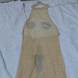 Sheer Rhinestone Skin Toned Halter Lingerie